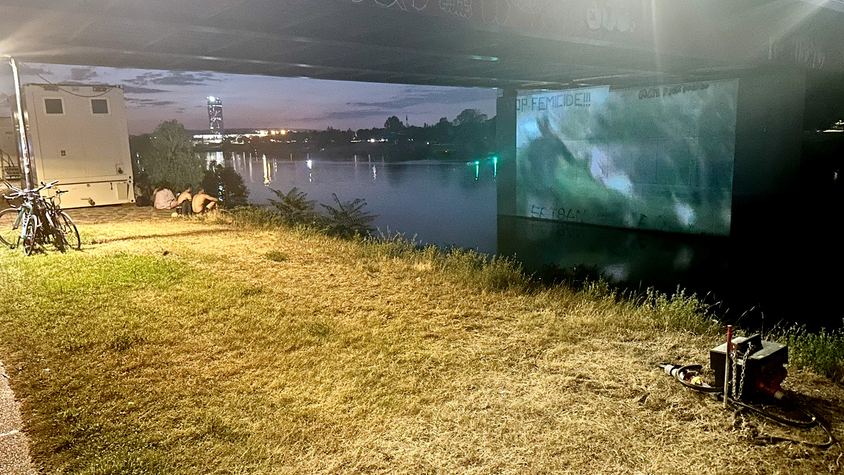 People watching a movie projected onto a bridge pillar on the danube island at night