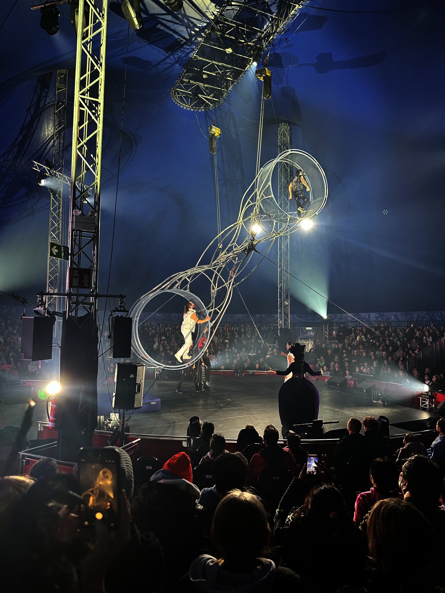 Wheel of death performers at the Halloween circus show at Family Park